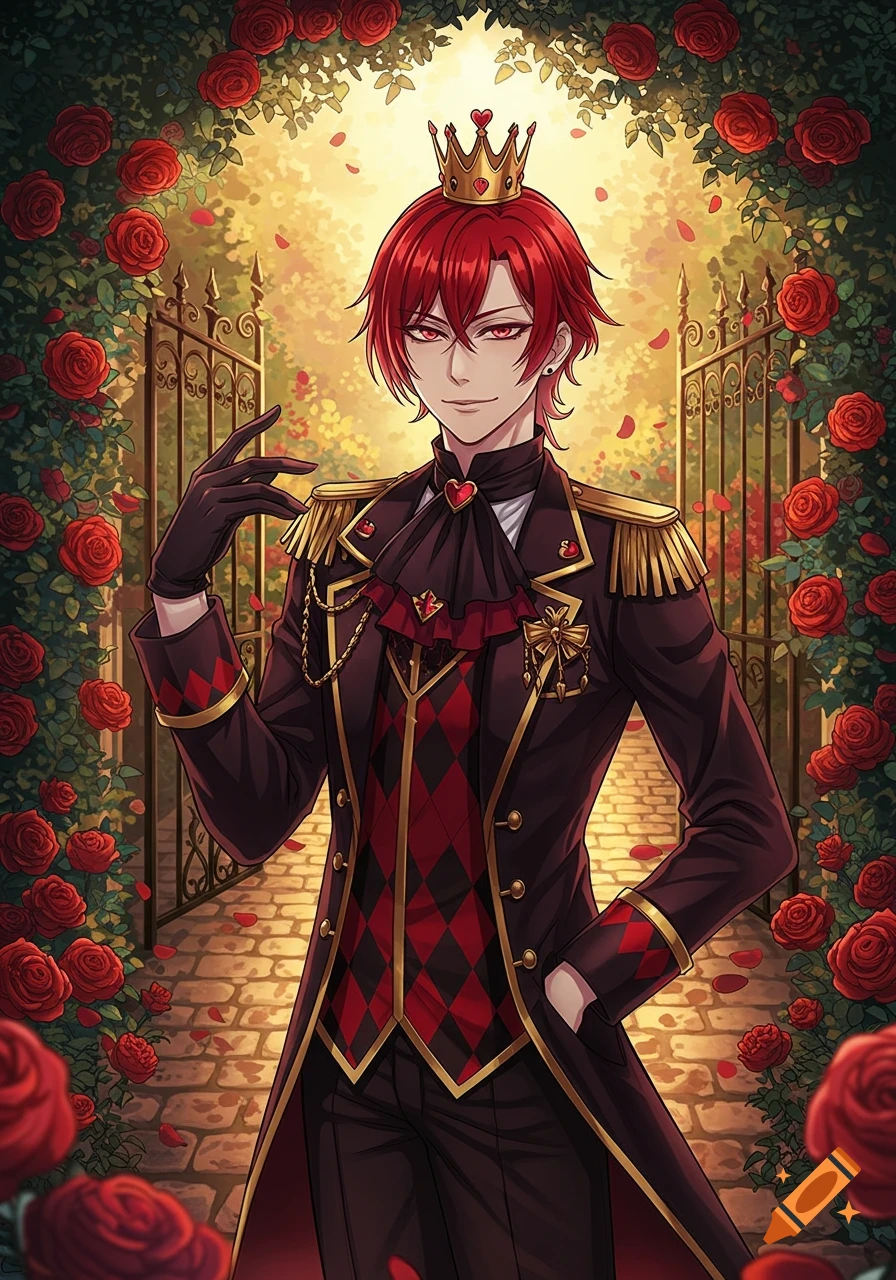 An anime-style male character with red hair, red eyes, and a golden crown, wearing a black and red uniform, stands in a rose garden.