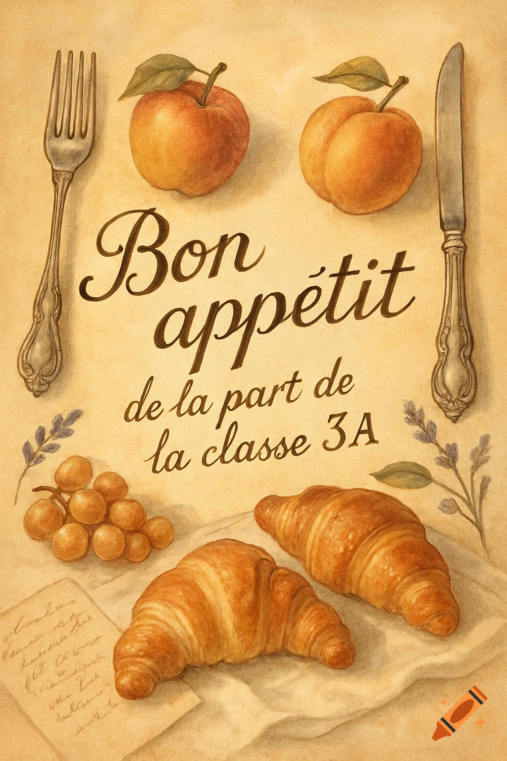 Rustic watercolor illustration of breakfast items: apples, peach, grapes, two croissants, with a fork and knife, and the French text 'Bon appétit' on a textured background.