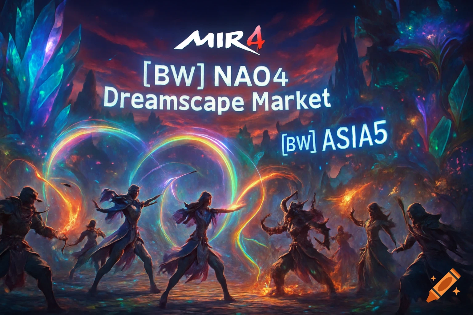 An epic fantasy scene featuring multiple warriors and mages battling amidst a mystical landscape of glowing crystals and rainbow energy, with game titles displayed.