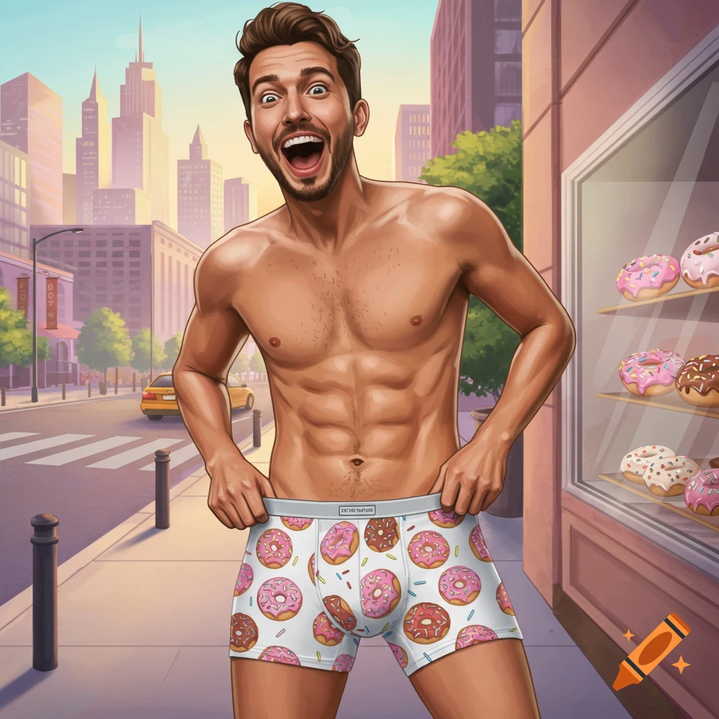 Shirtless man in donut-patterned boxer briefs pulls down his pants, smiling on a city street next to a donut shop in an illustration.