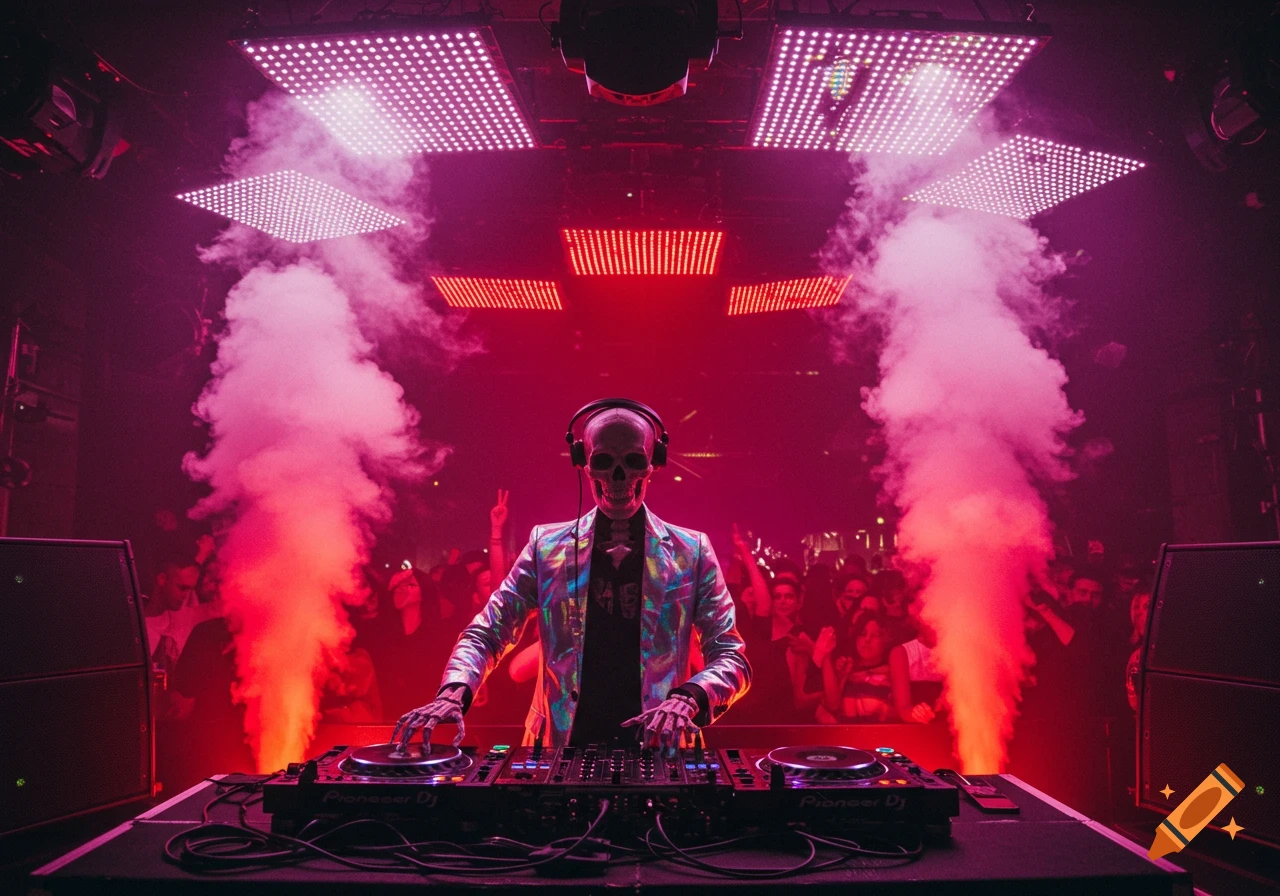 A skeleton DJ wearing headphones mixes music on turntables in a vibrant, smoke-filled nightclub with red and pink lights and a crowd.