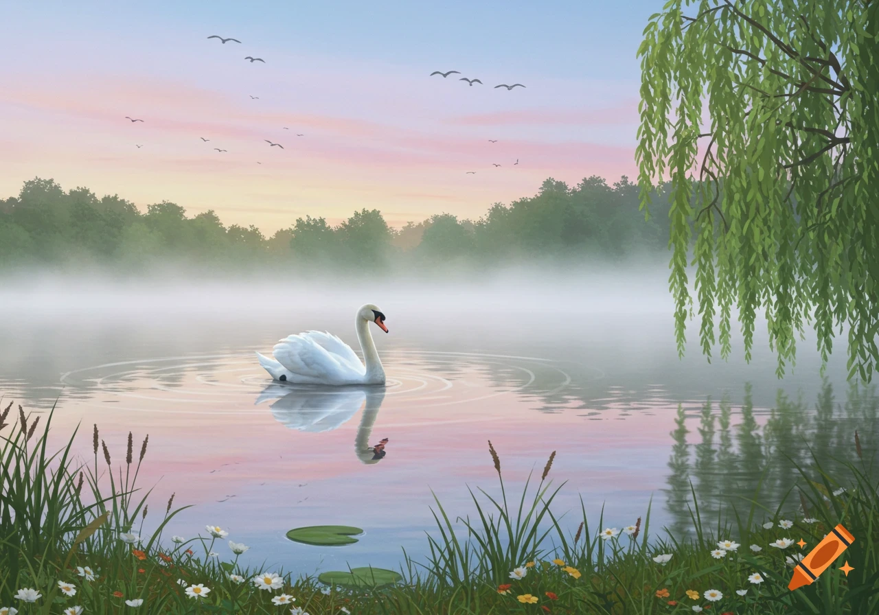 A white swan floats on a misty lake at dawn, with trees in the background and a willow tree branch in the foreground. Digital painting.