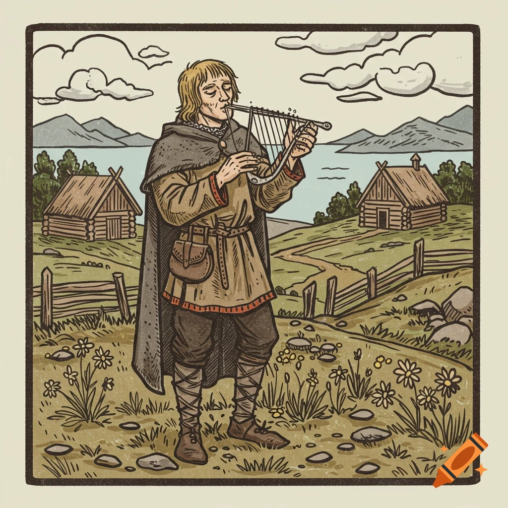 A man in medieval attire plays a jaw harp in a rural landscape with wooden houses and a lake, in a simple illustration style.