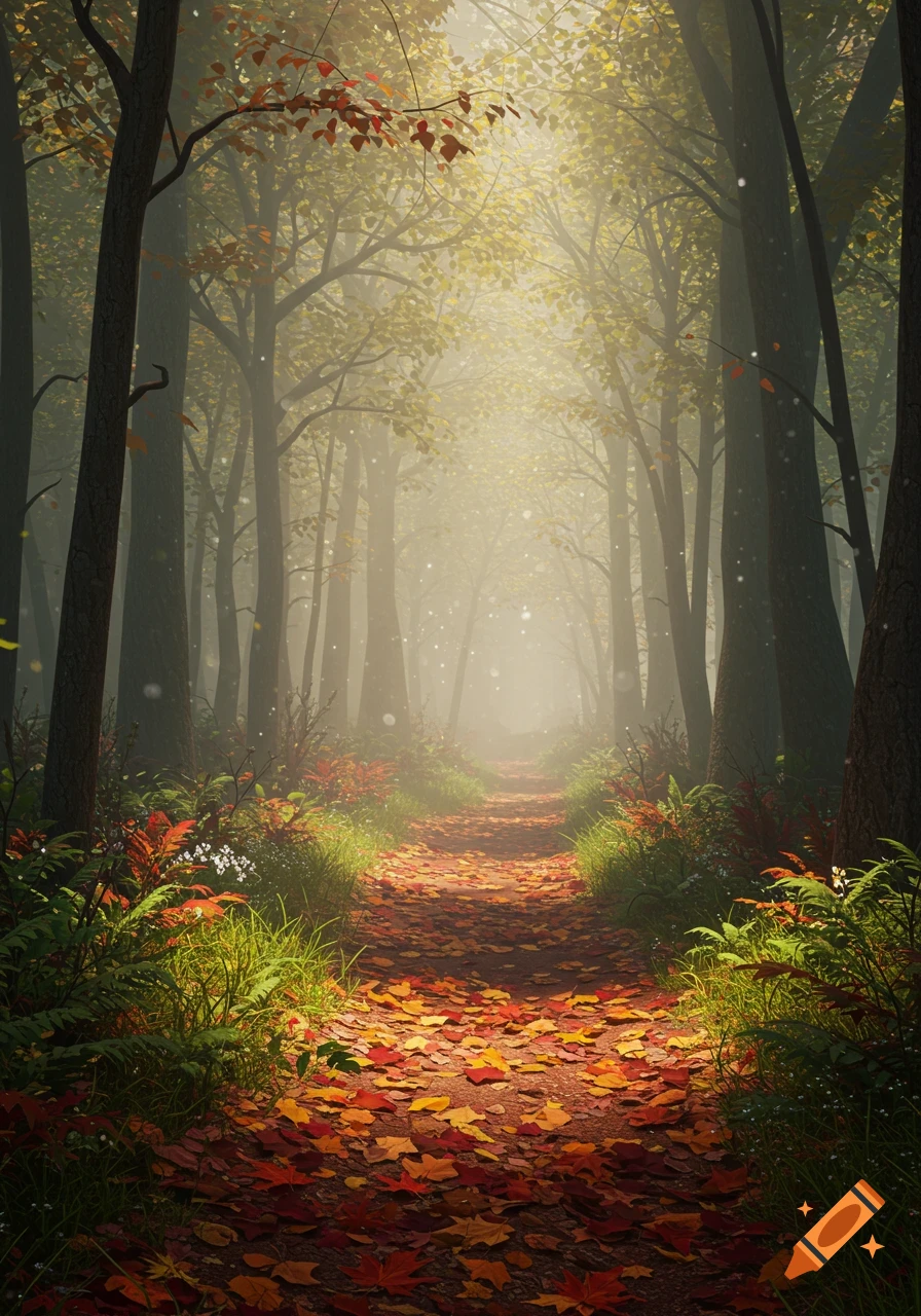 A sun-drenched forest path covered in red and orange autumn leaves, leading into a misty distance.