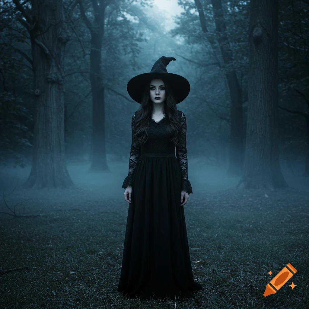 A mysterious dark-haired witch in a long black dress and hat stands in a foggy, eerie forest, looking at the viewer.