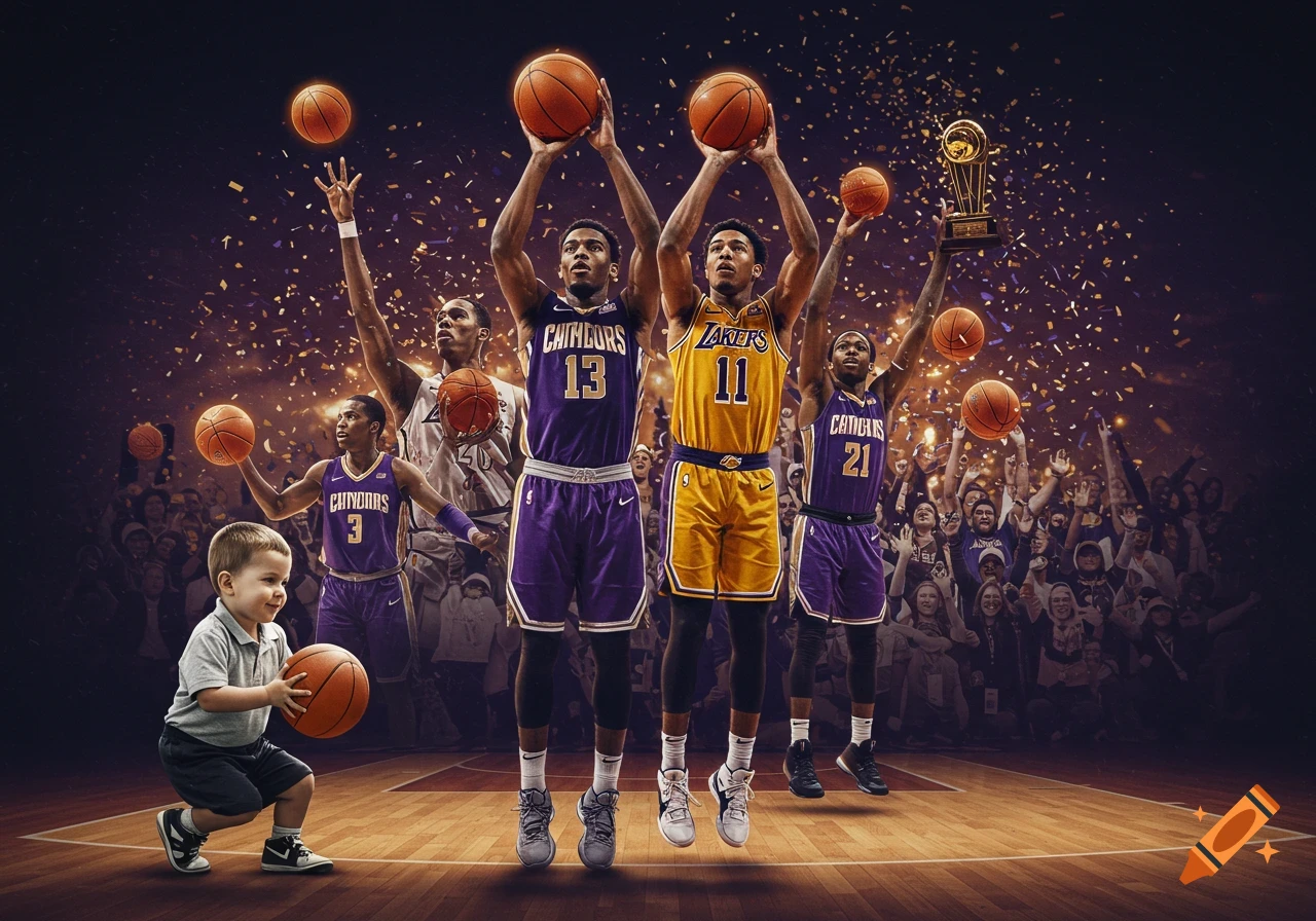 Dynamic shot of basketball players celebrating a championship with confetti, a trophy, and a child playing in the foreground. Photorealistic.
