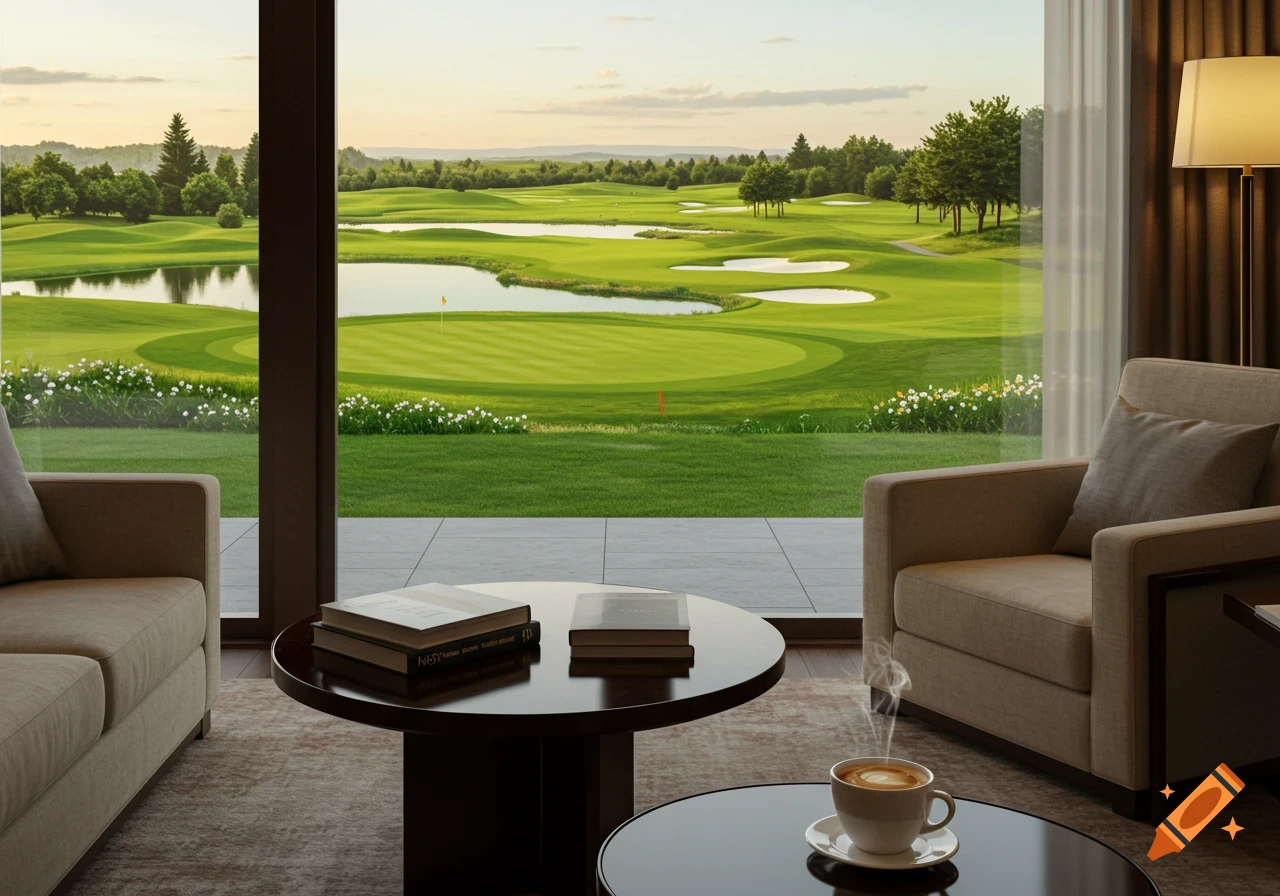 A modern living room with a couch and armchair, a coffee table with books and a steaming cup of coffee, overlooks a lush green golf course with ponds and trees under a clear sky.