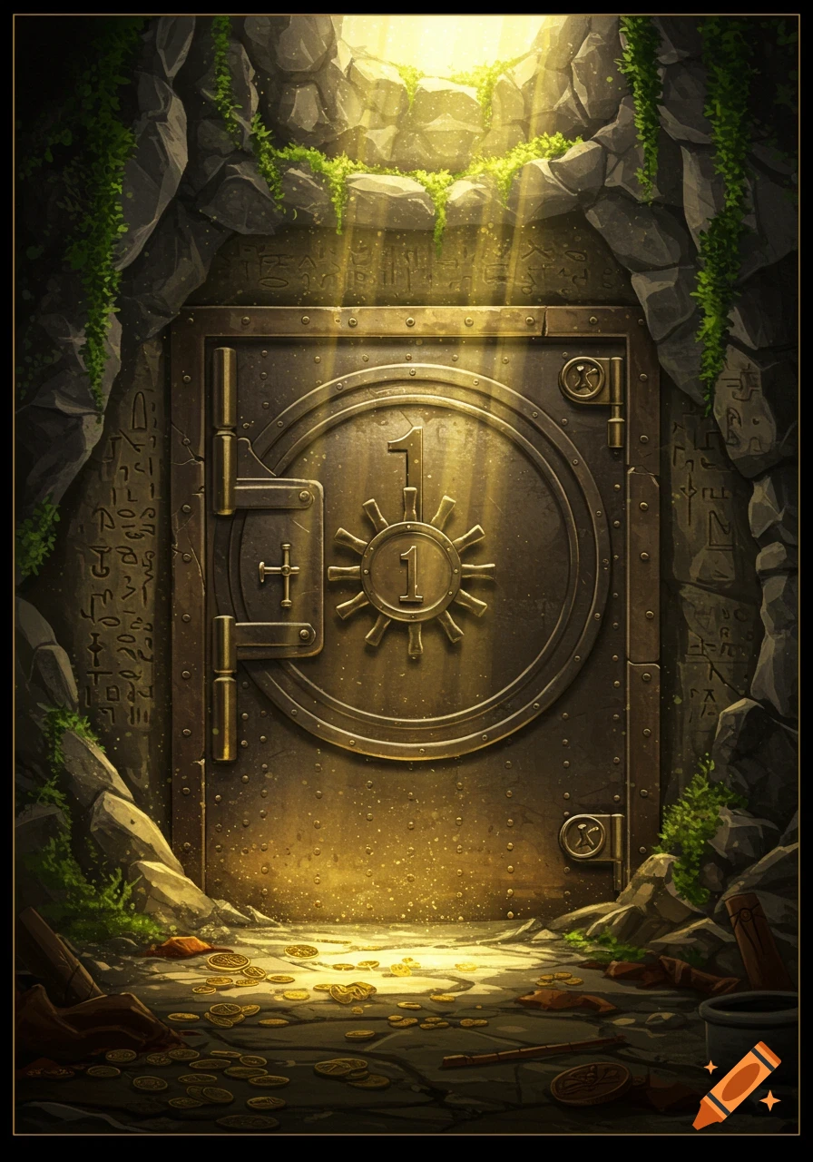 A grand, ornate golden vault door, marked with "1"s, inside a mossy cave with light rays, surrounded by scattered gold coins.
