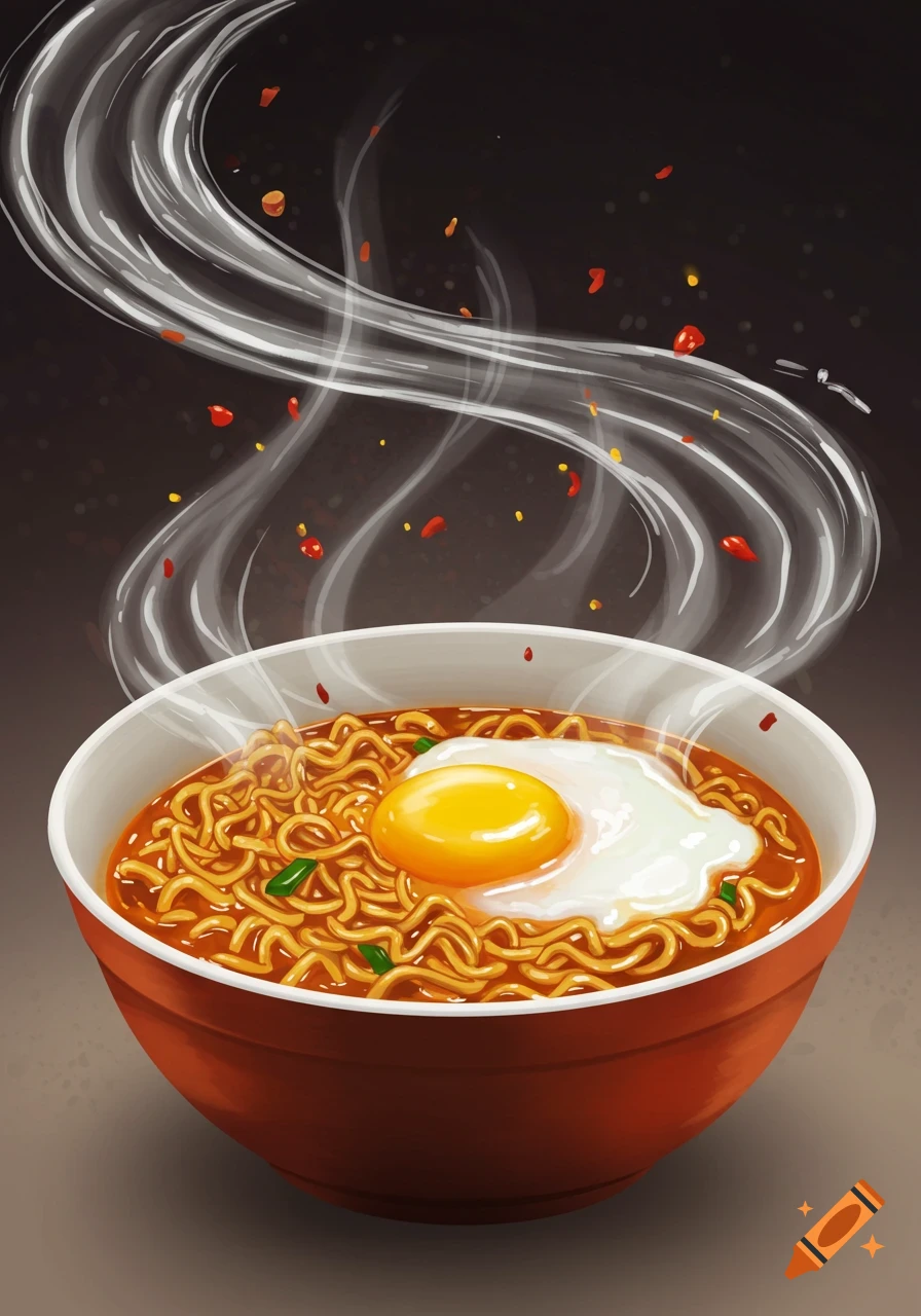 A steaming bowl of ramen noodles with a fried egg and chili flakes, in an illustrative style.