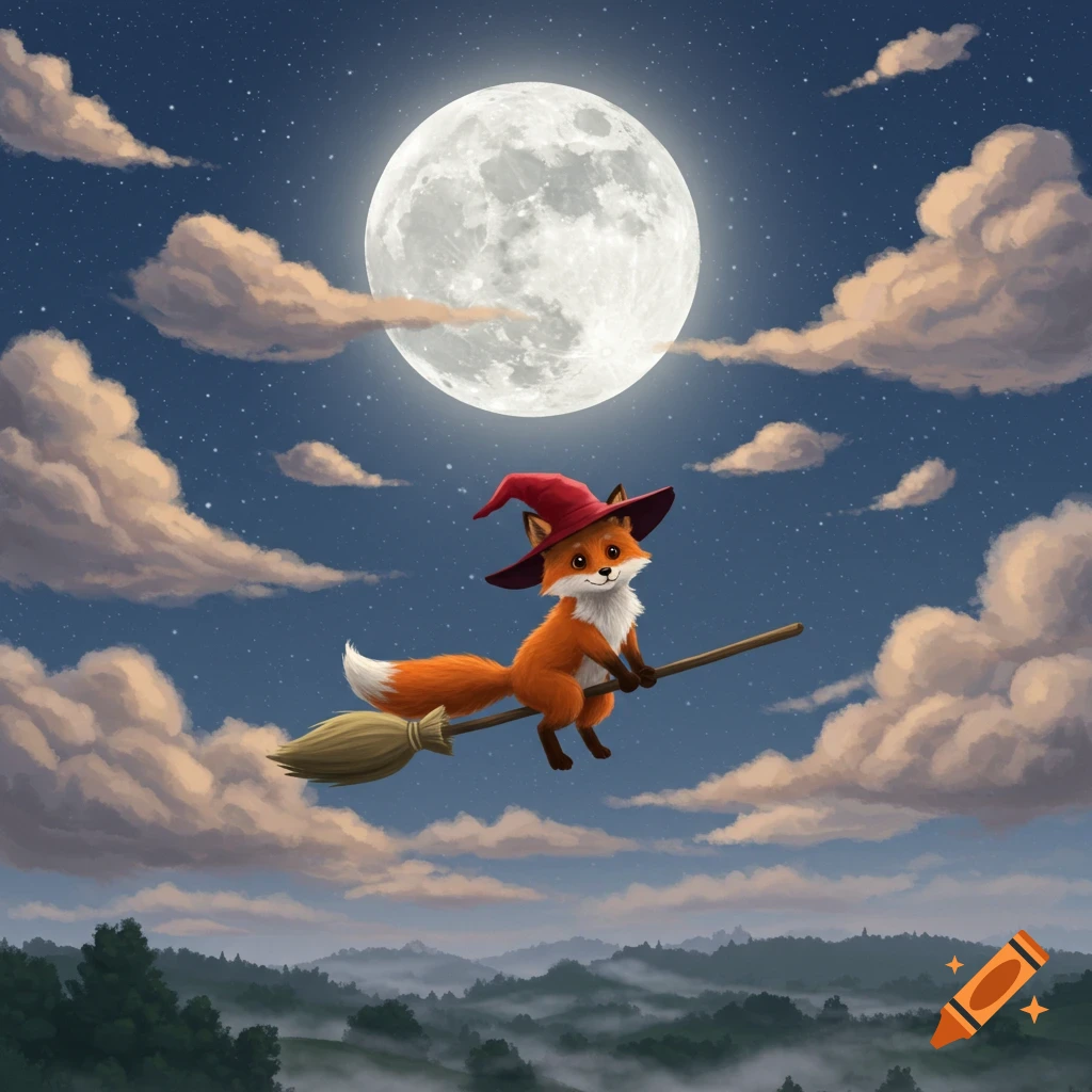 A cute cartoon fox in a red witch's hat flies on a broomstick across a cloudy night sky with a large full moon.