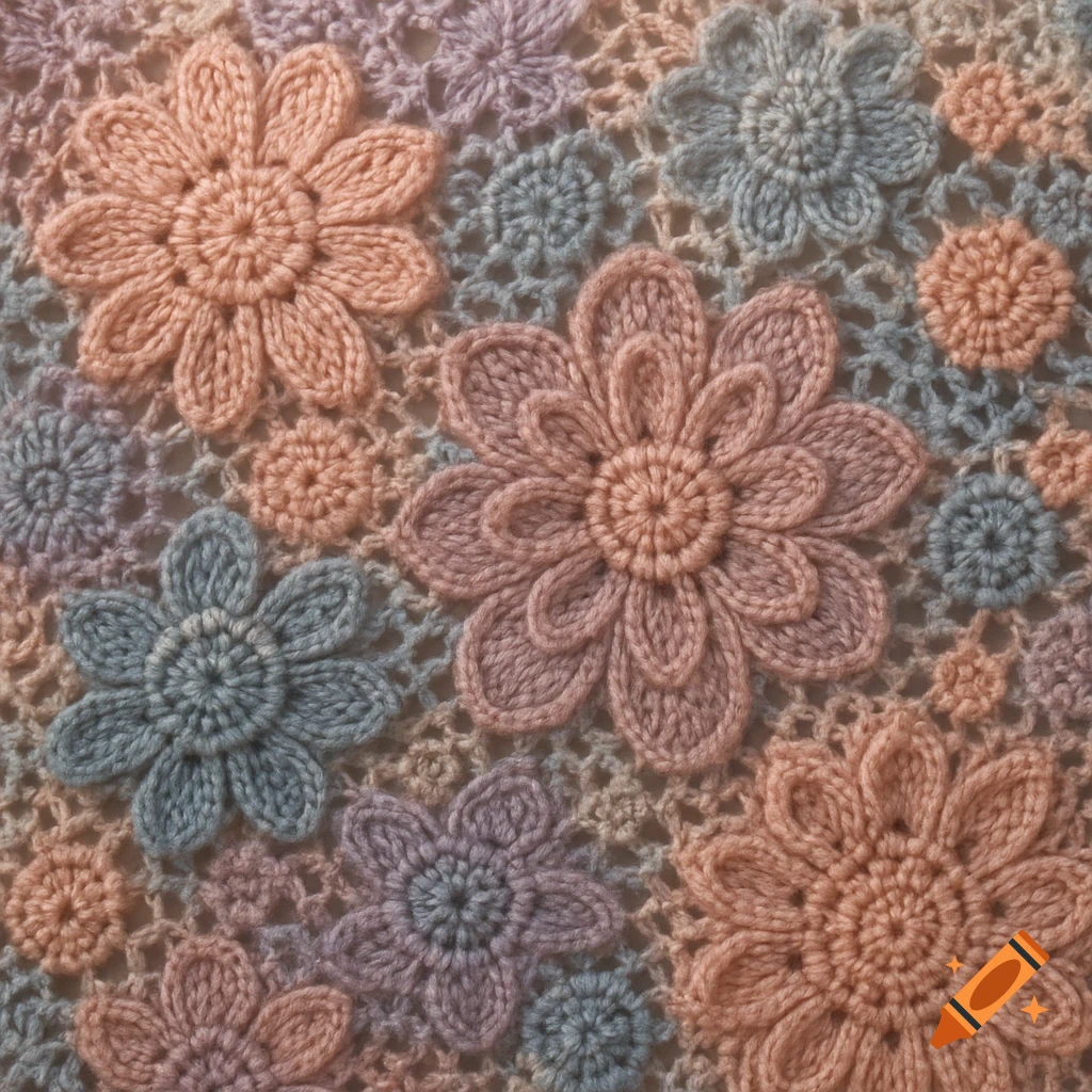 Close-up of a colorful crochet pattern featuring various sizes of peach, blue, and purple knitted flowers on a delicate mesh background.