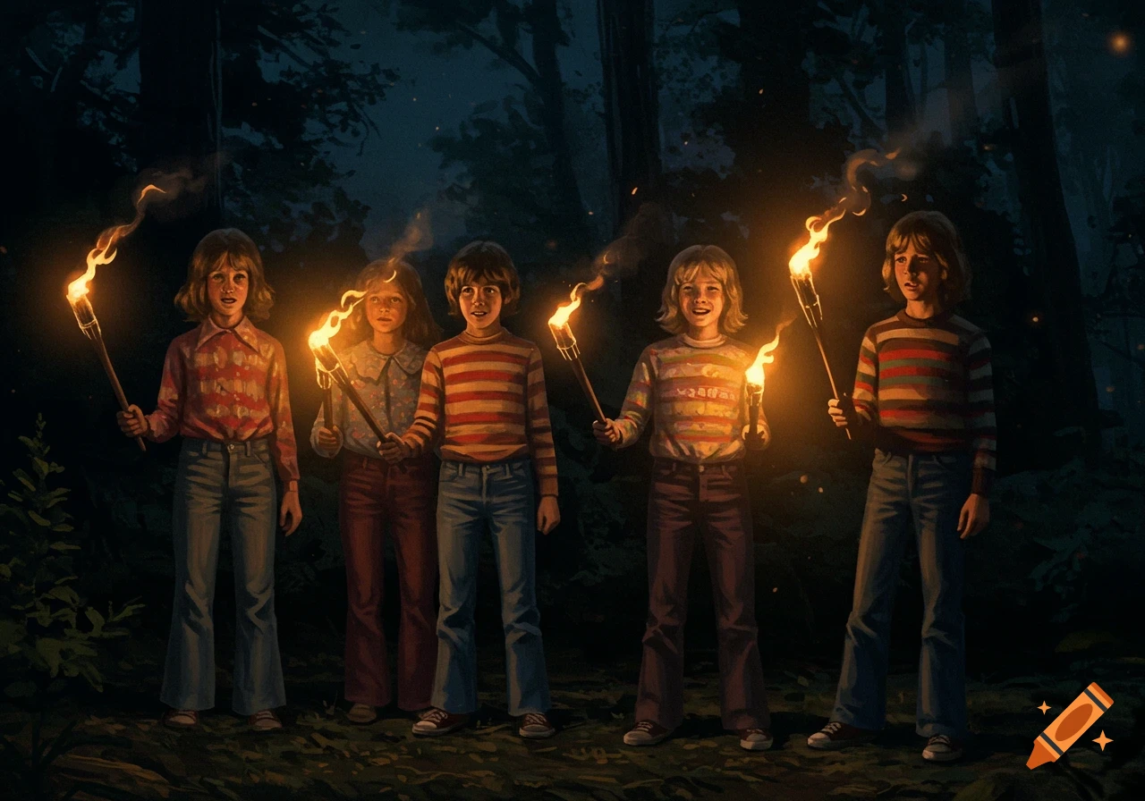 Five children in 1970s attire stand in a dark forest, holding flaming torches that illuminate their faces. The scene is rendered in a realistic painting style.
