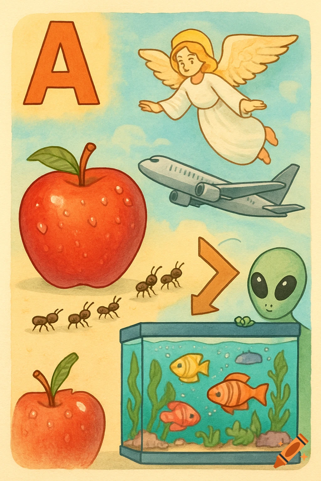 Watercolor illustration for letter 'A' featuring an angel, airplane, red apple, ants, arrow, green alien, and an aquarium.