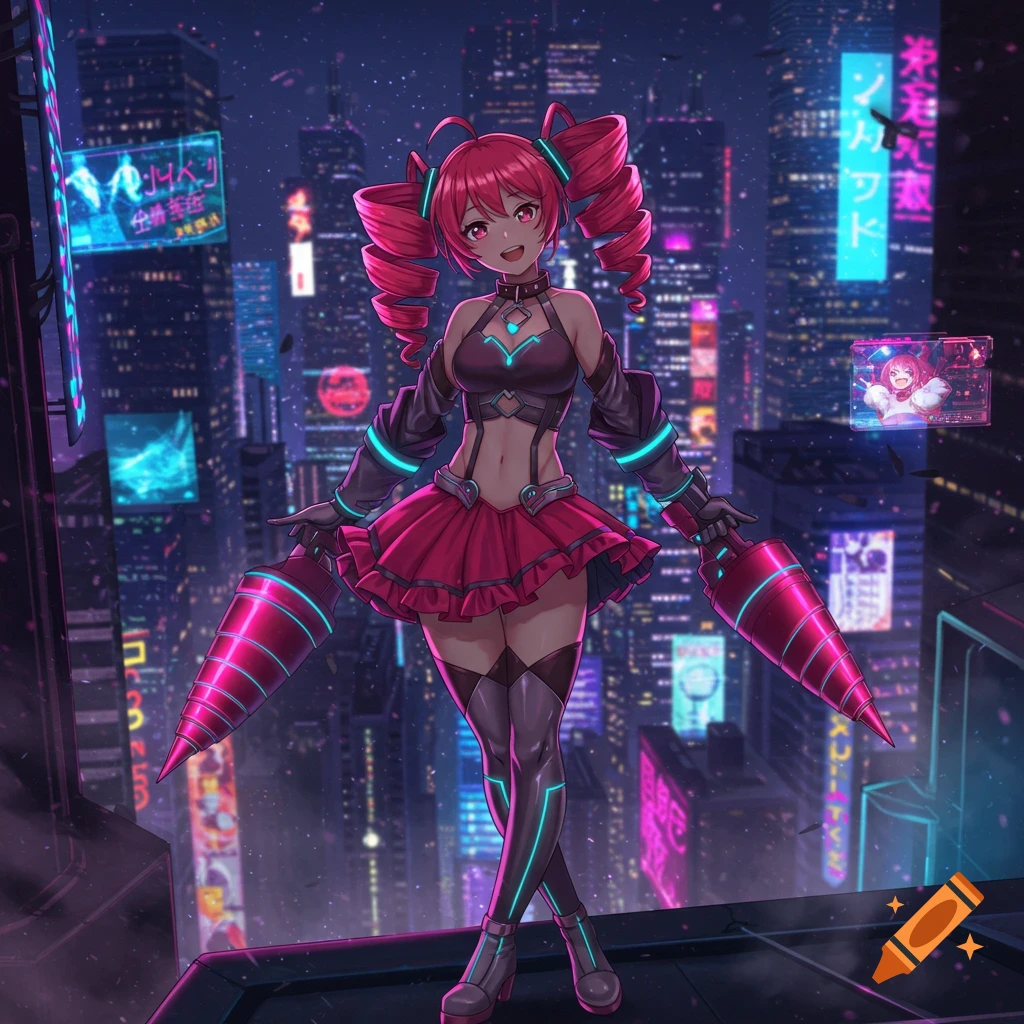 Anime girl with pink pigtails and a cyberpunk outfit holds cone-shaped weapons on a rooftop overlooking a neon-lit futuristic city.