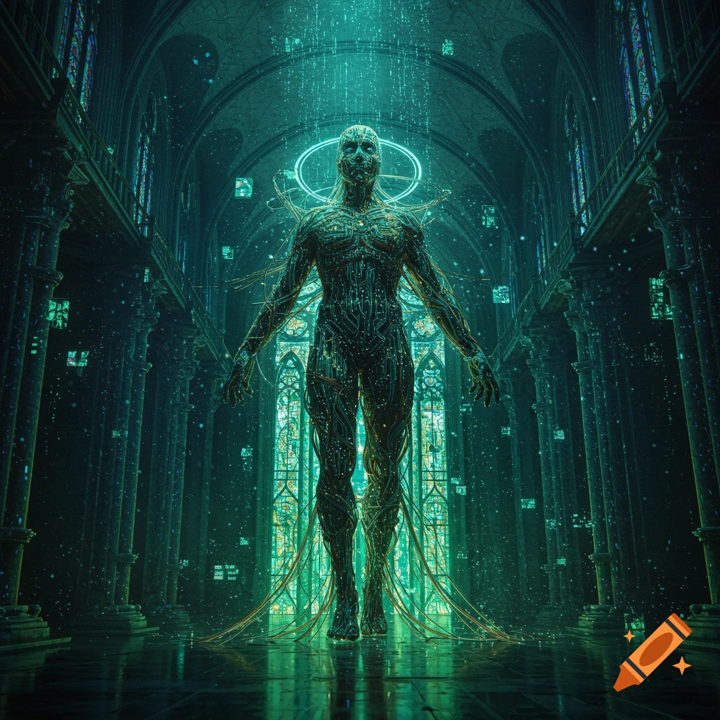 A luminous, circuit-board humanoid figure floats in the center of a grand, glowing green-lit futuristic cathedral.