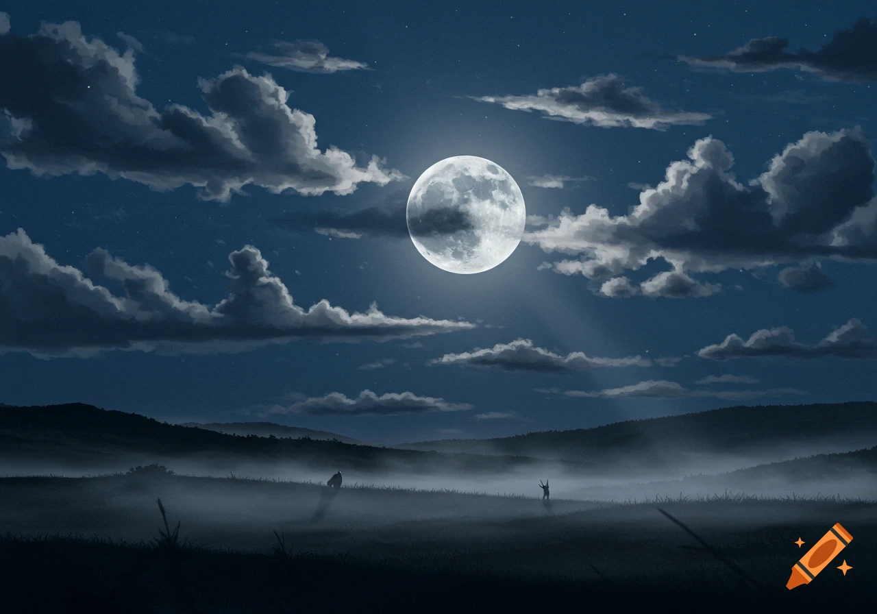 Full moon illuminating a misty night landscape with two distant silhouetted figures.