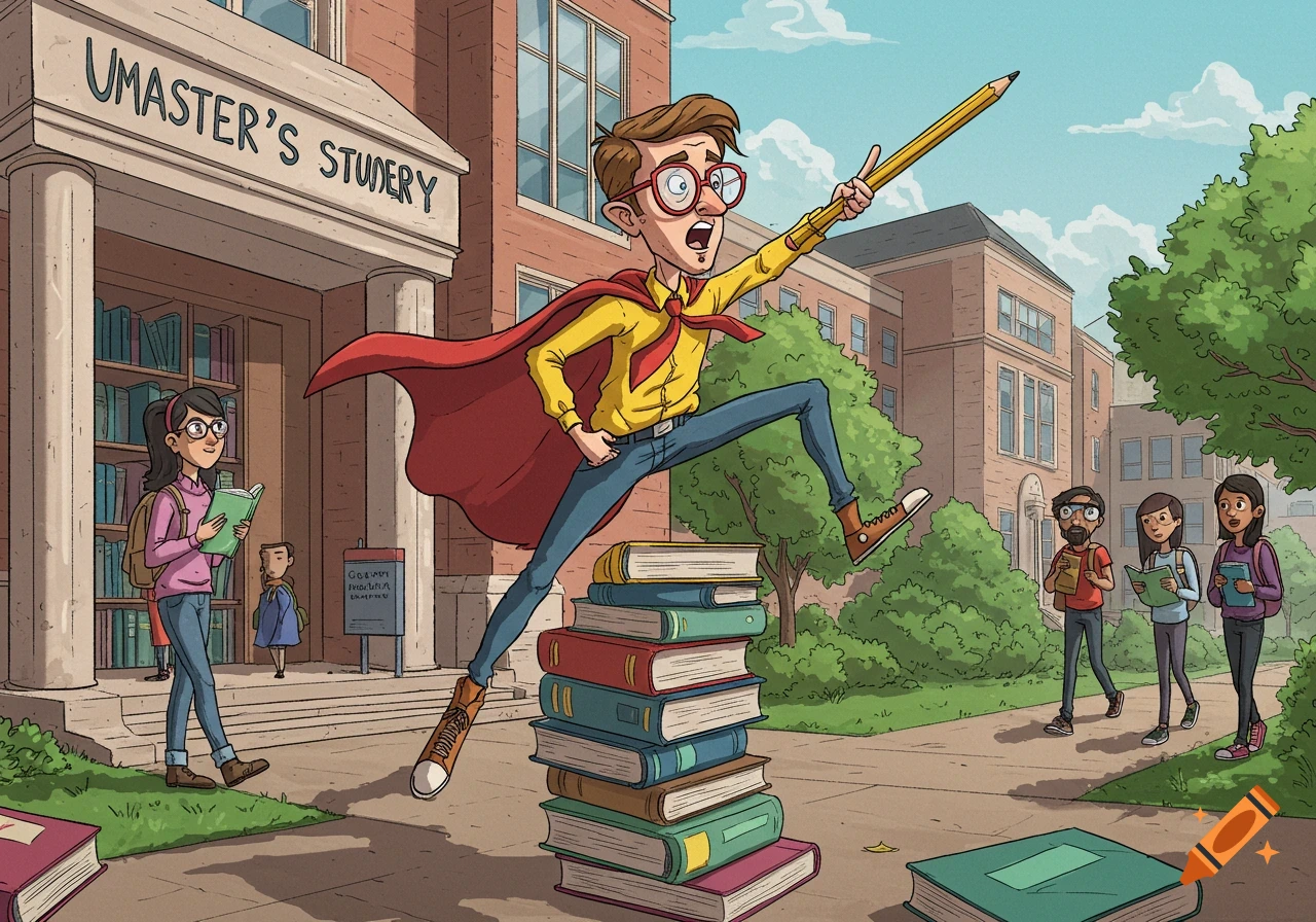 A cartoon student in a red cape jumps off books with a giant pencil outside a school building with other students watching.