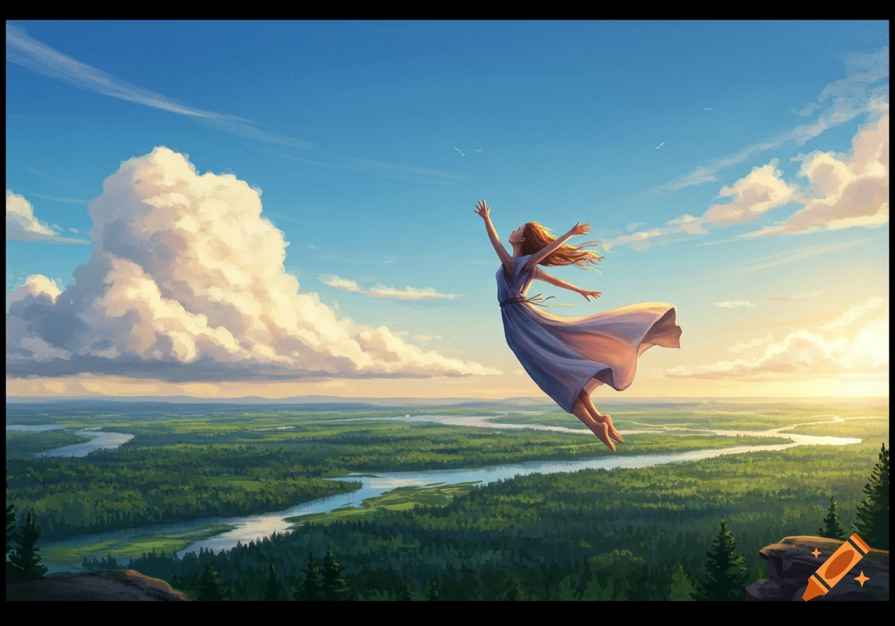 A woman in a flowing dress floats high above a vast green forest and winding river under a bright blue sky with large white clouds.