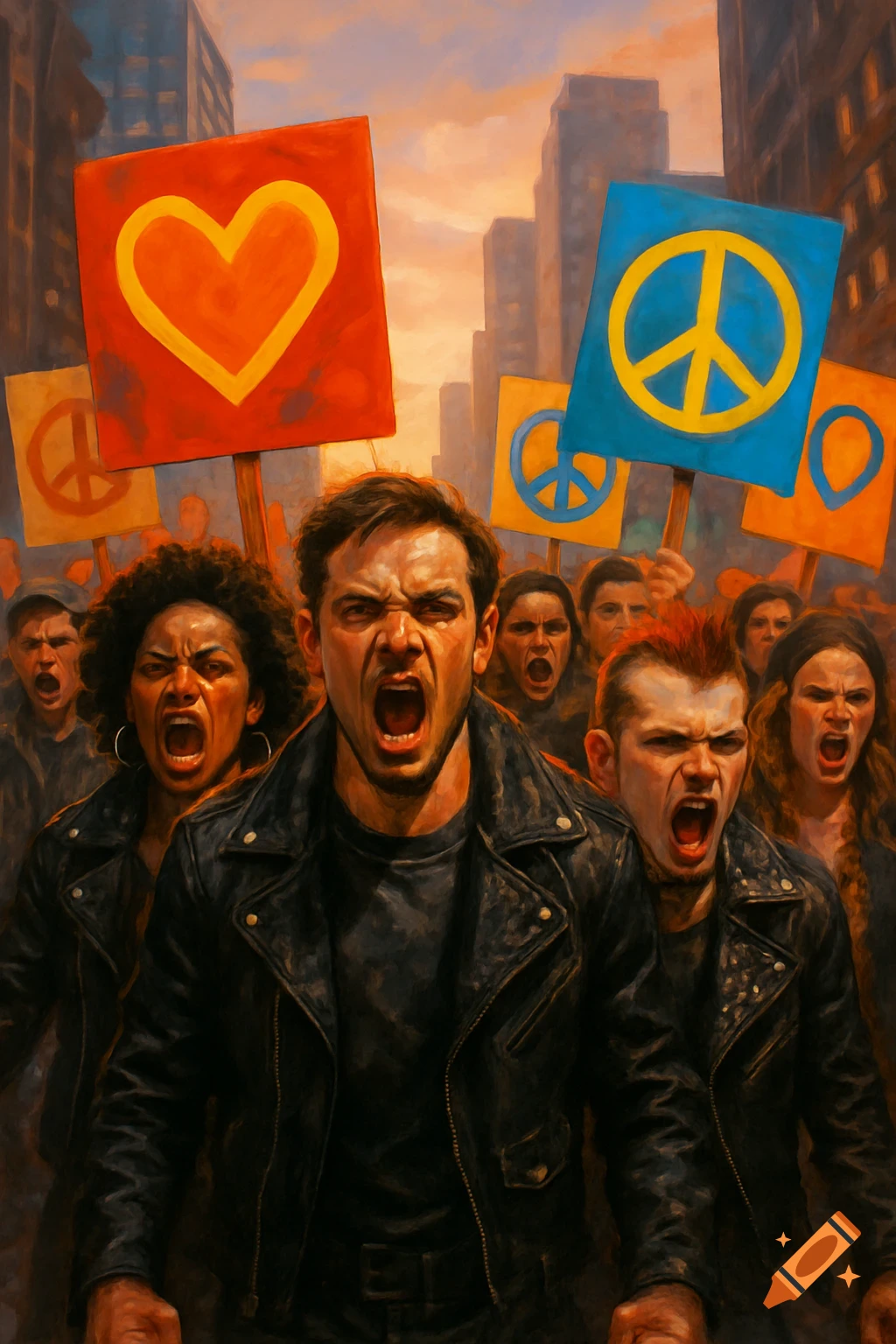 An angry crowd of diverse people in leather jackets protest in a city, holding signs with heart and peace symbols in a painterly style.