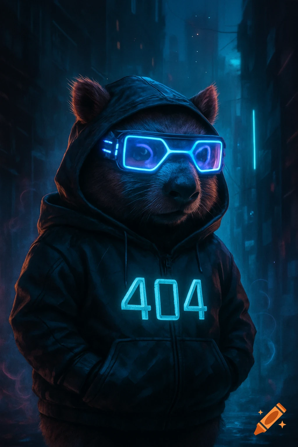 A cyberpunk wombat in a dark hoodie with glowing blue '404' and neon glasses stands in a dark futuristic city street.