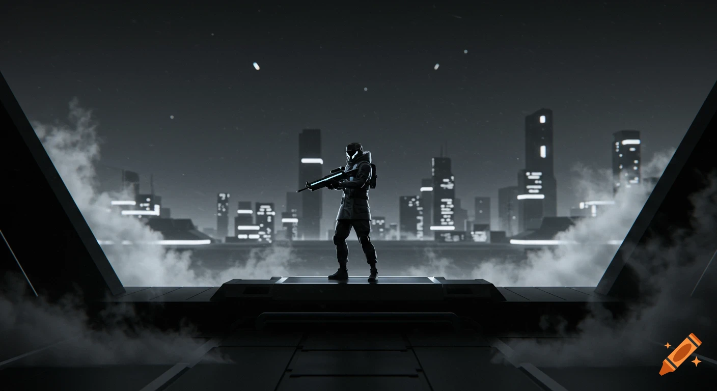 A futuristic soldier with a glowing rifle stands on a platform, overlooking a dark, minimalist city skyline at night, with smoke.