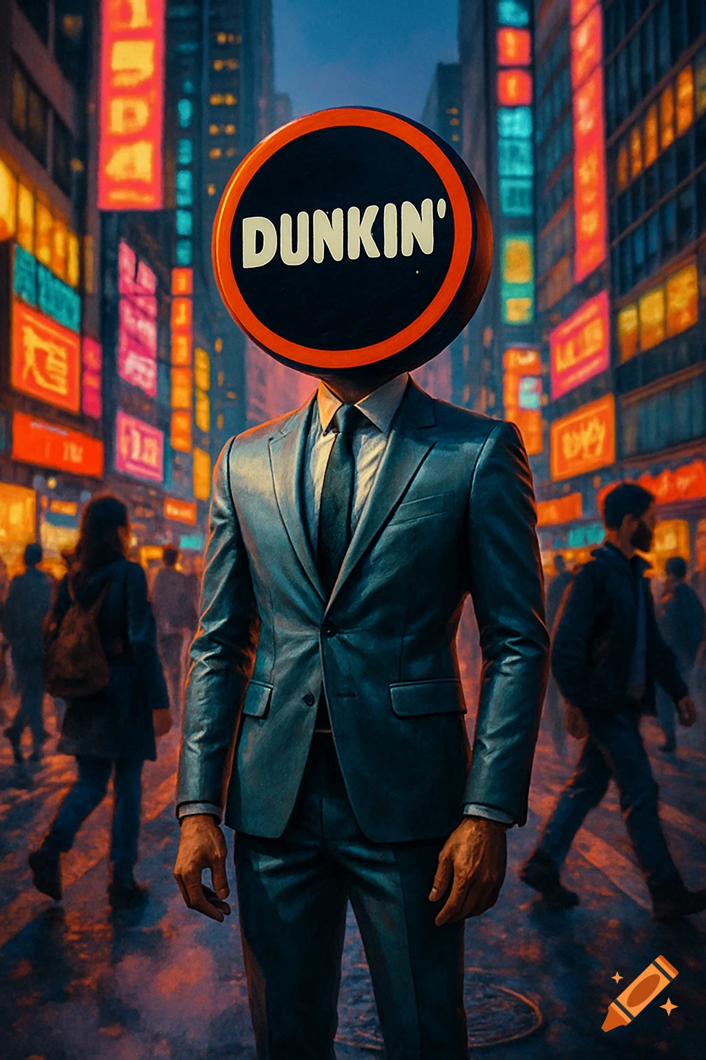 A man in a suit with a large Dunkin' logo for a head stands on a city street at night, with blurred neon signs and people in the background.