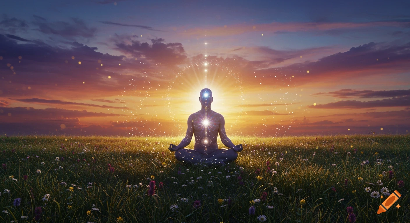 A silhouette of a person meditating in a lotus position in a field of wildflowers at sunset, surrounded by a glowing aura and sparkling particles.