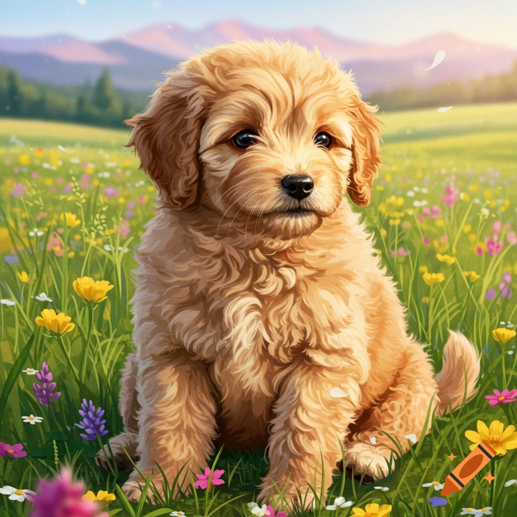 A fluffy golden-brown puppy sits in a vibrant meadow of wildflowers with distant mountains under a clear sky.