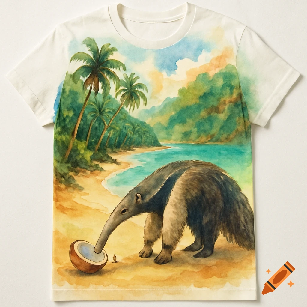 Watercolor illustration of a giant anteater on a tropical beach with palm trees and jungle, featured on a white t-shirt.