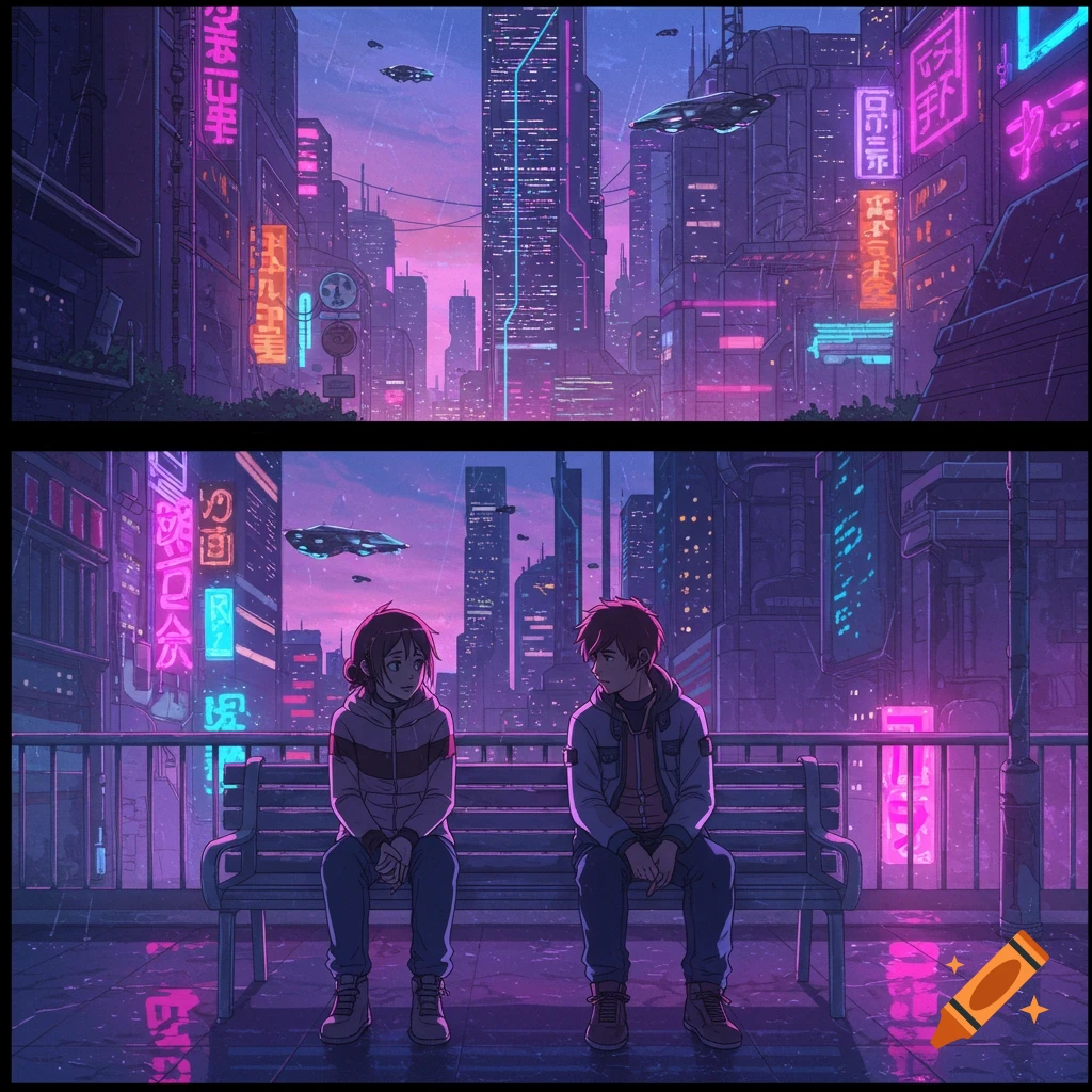 Two anime characters sit on a bench in a vibrant, neon-lit cyberpunk city at dusk.