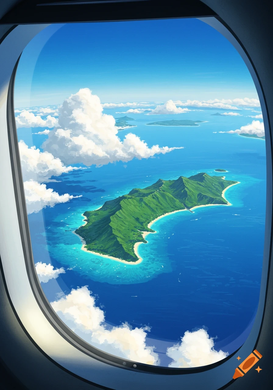 Anime illustration of a lush green island in a turquoise ocean with white clouds, viewed from an airplane window.