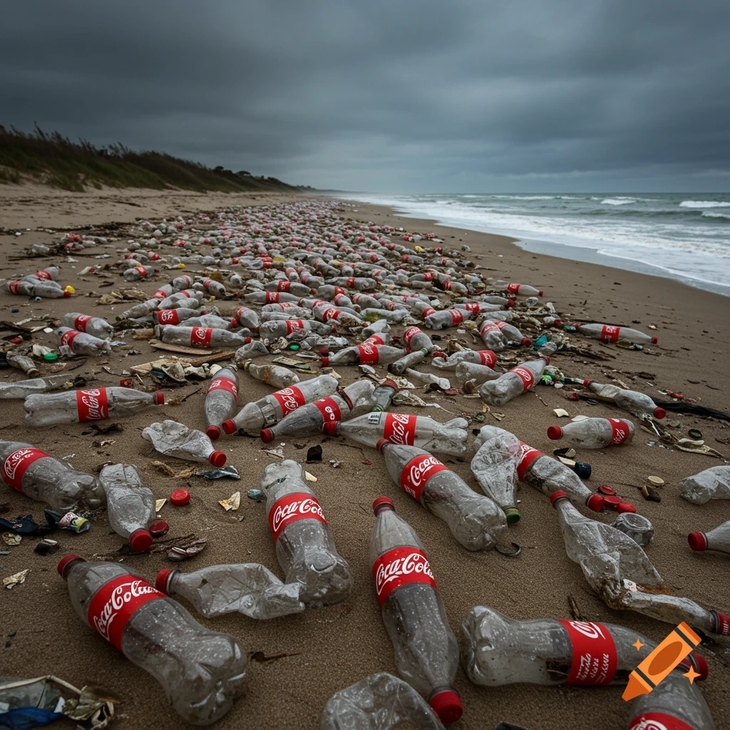 A vast sandy beach is covered with countless empty Coca-Cola plastic bottles under a gloomy, overcast sky.