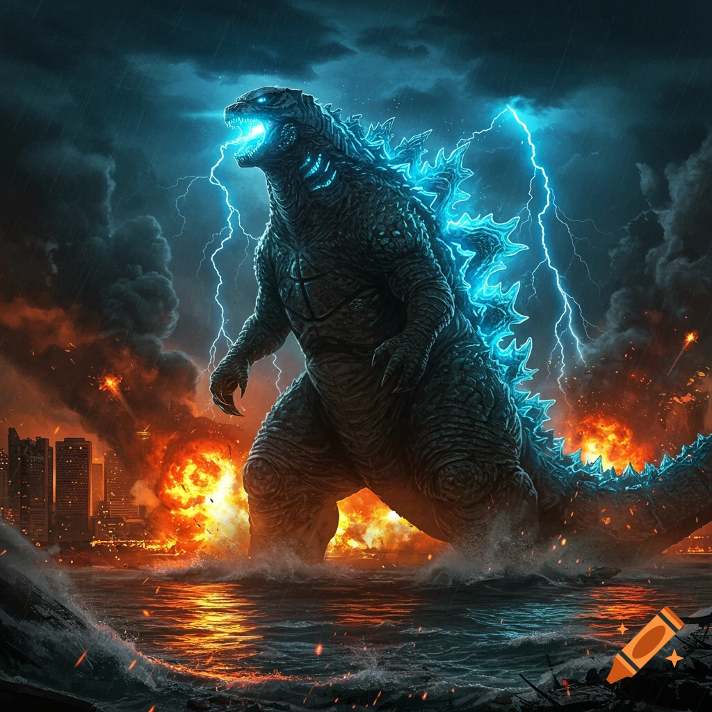 Godzilla, glowing with blue energy, rises from stormy waters amidst a city engulfed in explosions and lightning.