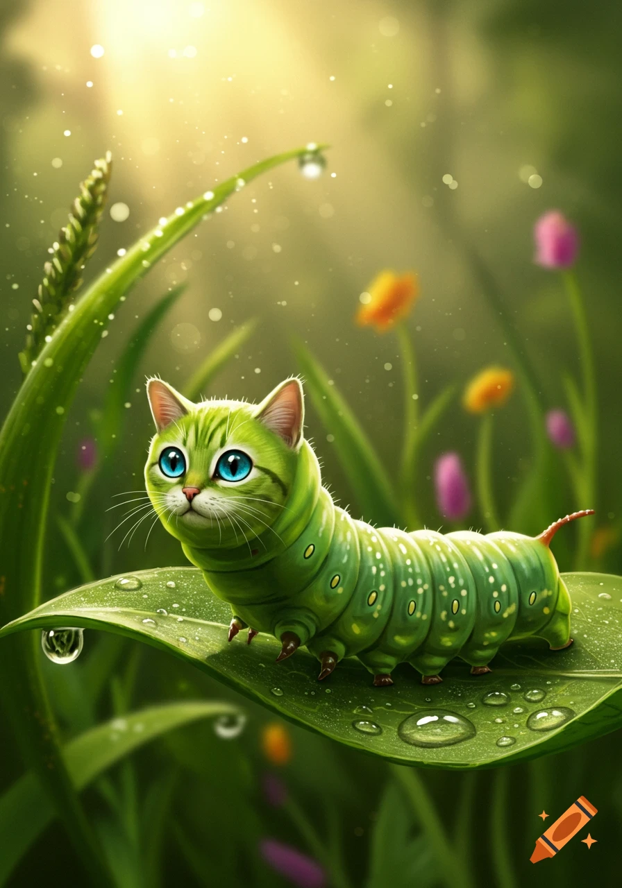 A whimsical green caterpillar with a cat head and bright blue eyes sits on a dewy leaf in a sunlit forest.