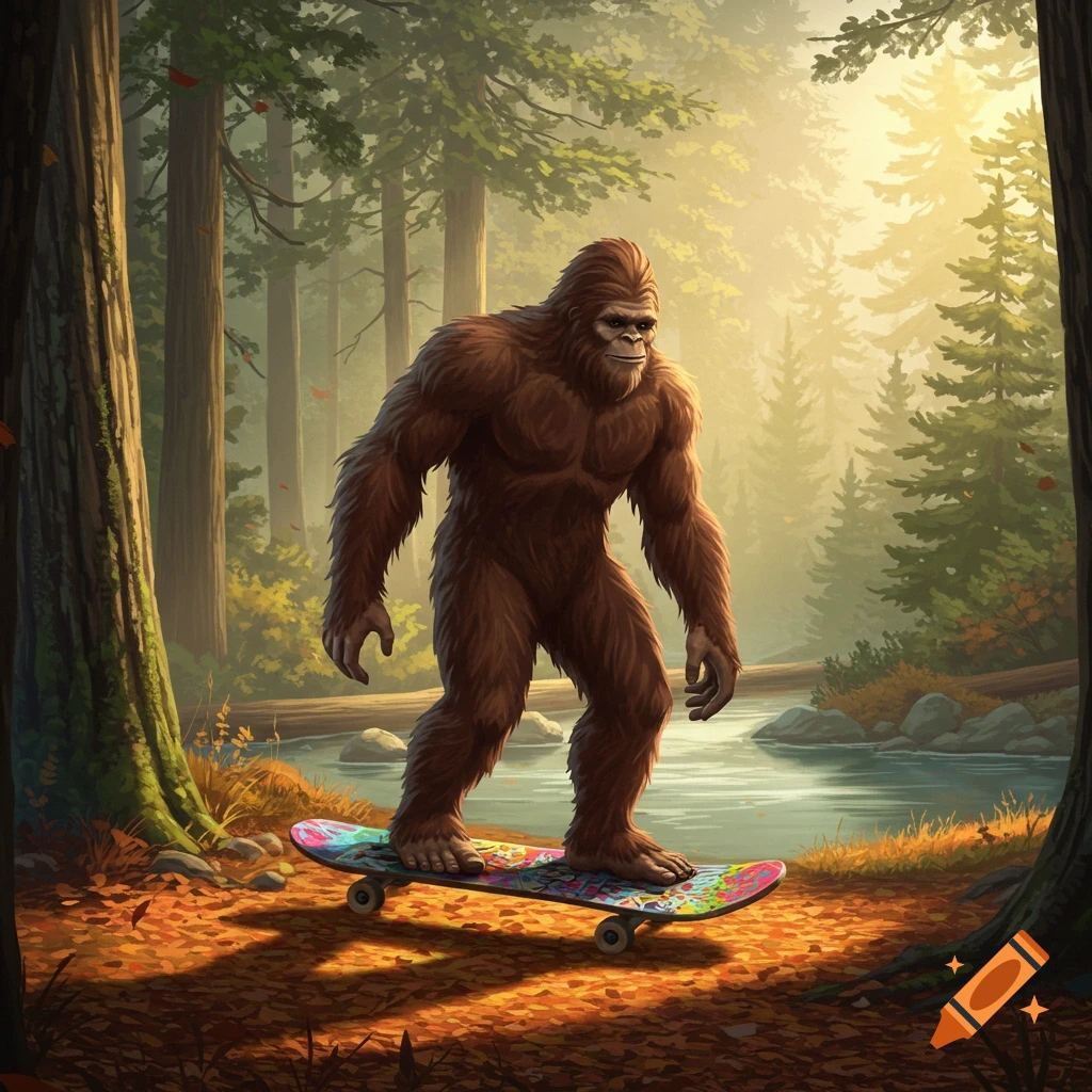 Digital illustration of a large, brown, hairy Bigfoot skateboarding on a colorful board through an autumnal forest beside a river.