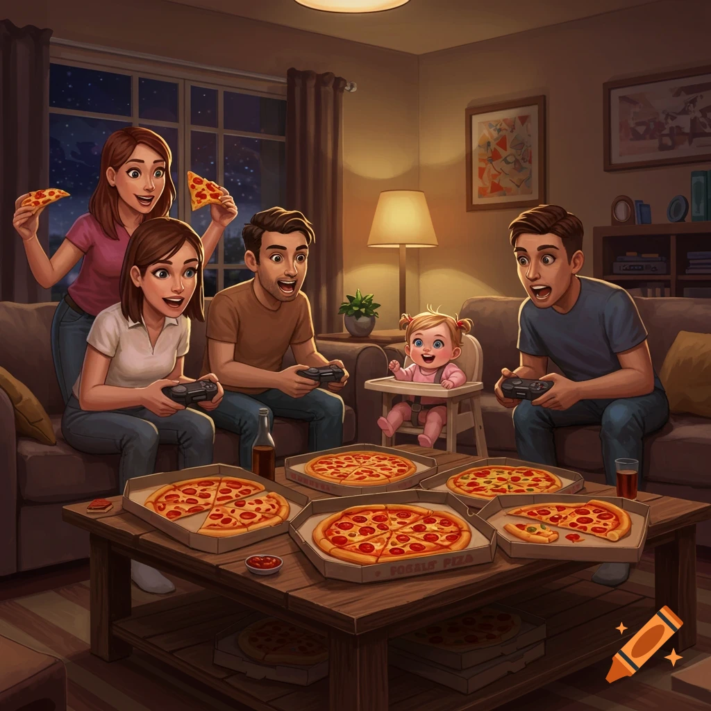 A family and friends are gathered in a cozy living room, eating pizza and playing video games. A baby sits in a high chair watching happily. Art style.
