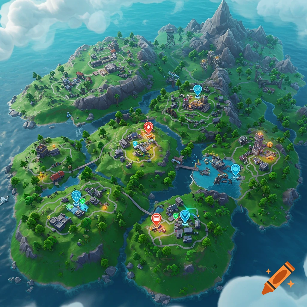 A stylized aerial view of a vibrant, green island game map with various towns, mountains, rivers, and marked locations.