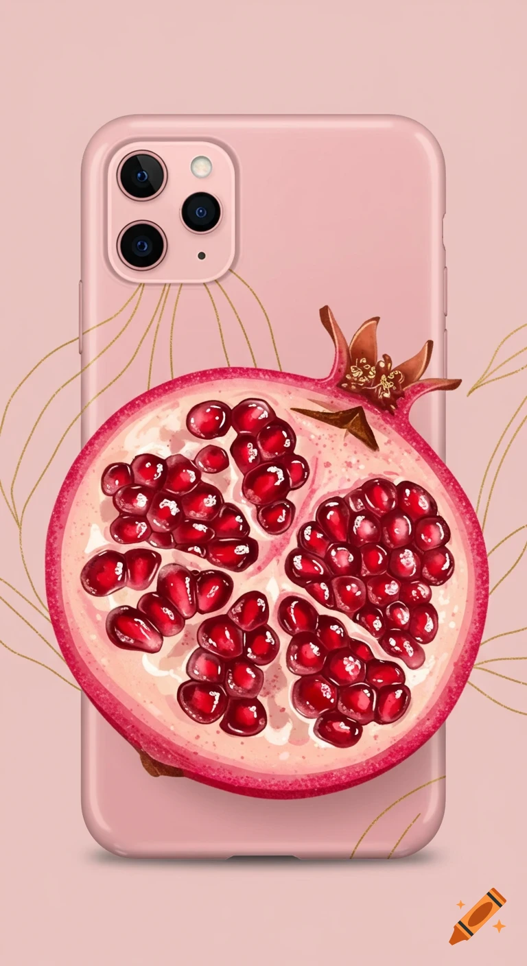 A pink phone case with a cross-section of a ripe pomegranate on a light pink background with subtle golden line art.