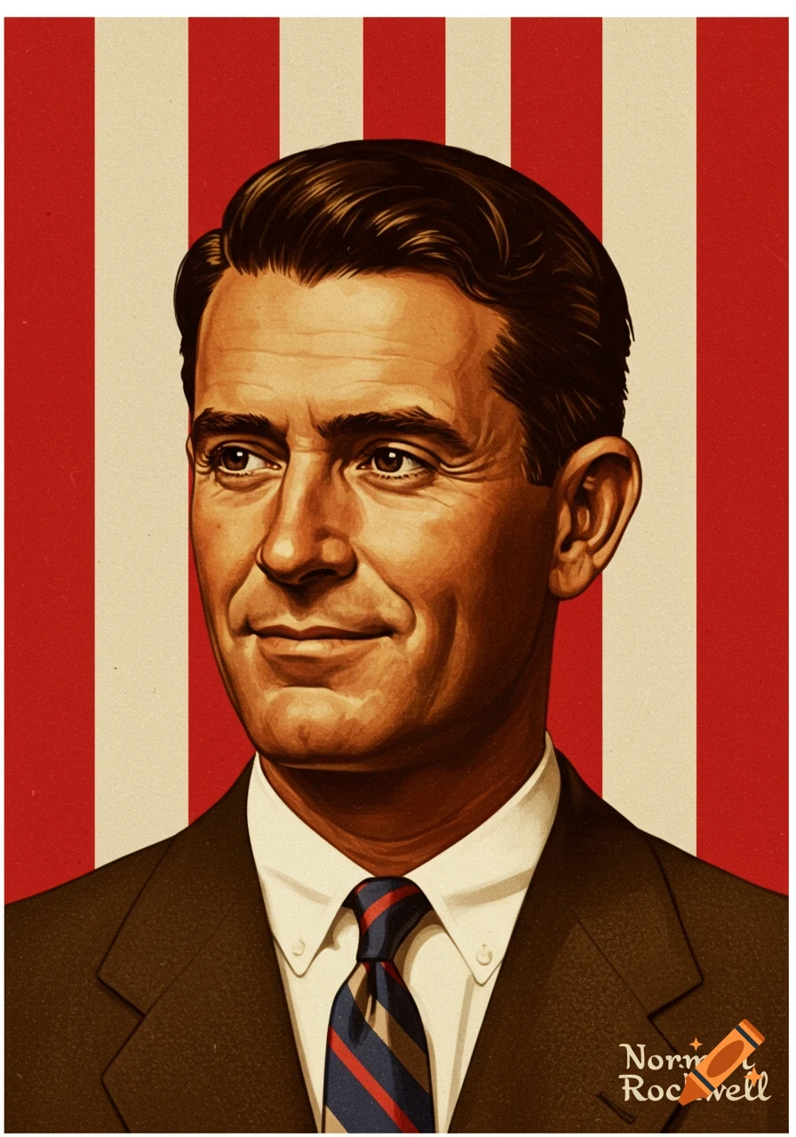 Portrait of a man in a suit and striped tie, smiling against a red and white striped background, in Norman Rockwell style.