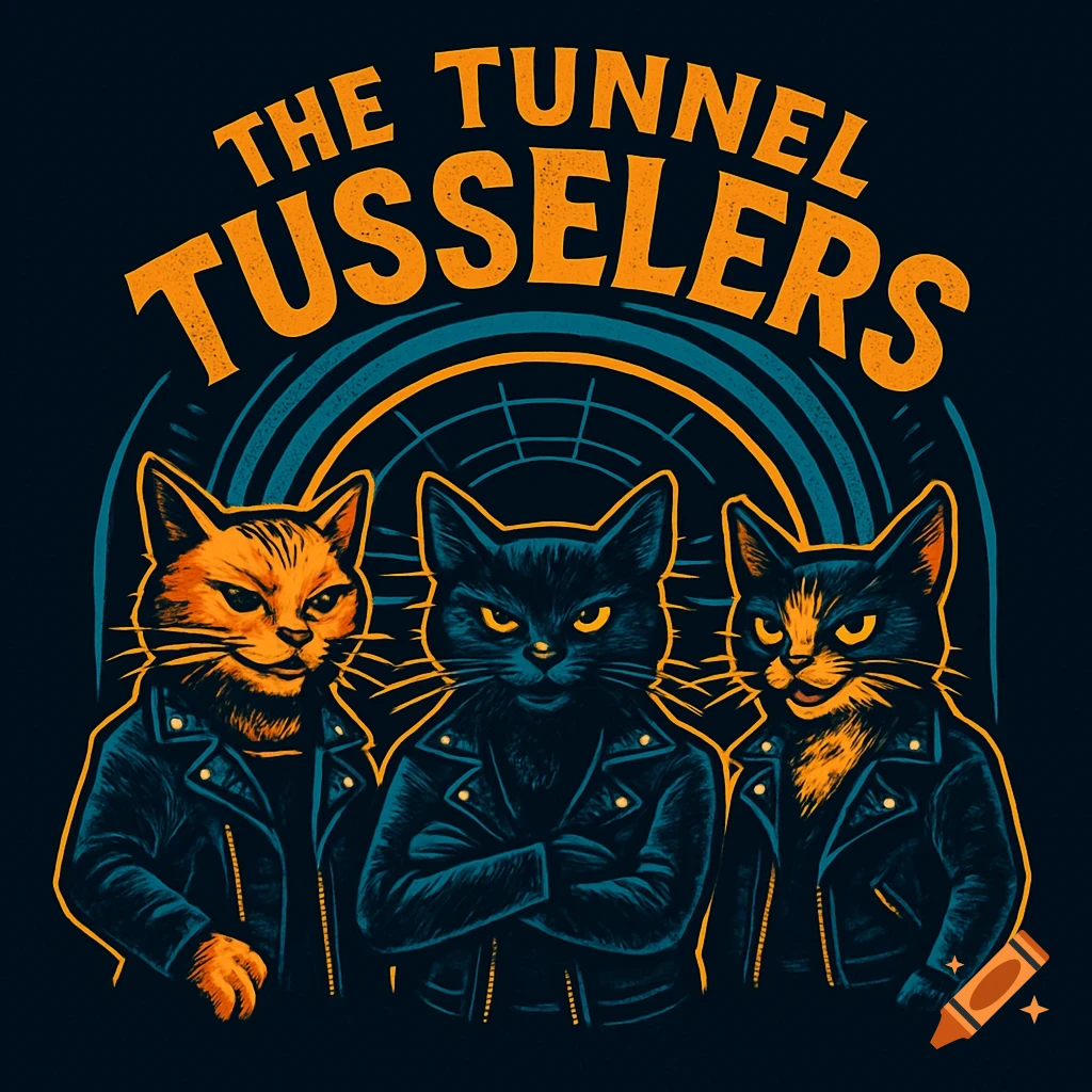 Three anthropomorphic cats in leather jackets under the text 'THE TUNNEL TUSSELERS' in a stylized illustration.