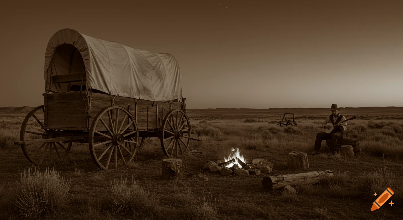 A sepia-toned western landscape at dusk featuring a chuck wagon, a campfire, and a cowboy playing a banjo.