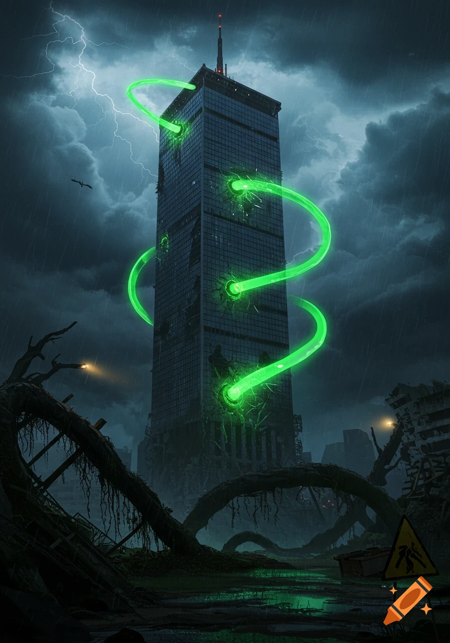 A tall, dark, decaying skyscraper is enveloped by glowing green tendrils under a stormy, lightning-filled sky in a desolate, post-apocalyptic cityscape.