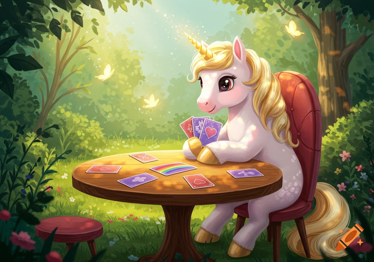 A cute unicorn with a golden horn and mane plays a card game at a wooden table in an enchanted forest, surrounded by glowing butterflies.