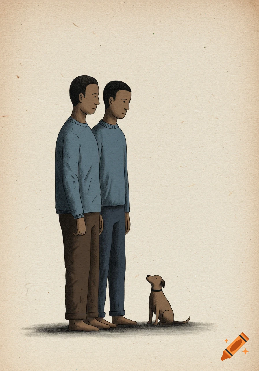 Two stylized men and a small dog stand on a textured, light background in a folk art style.