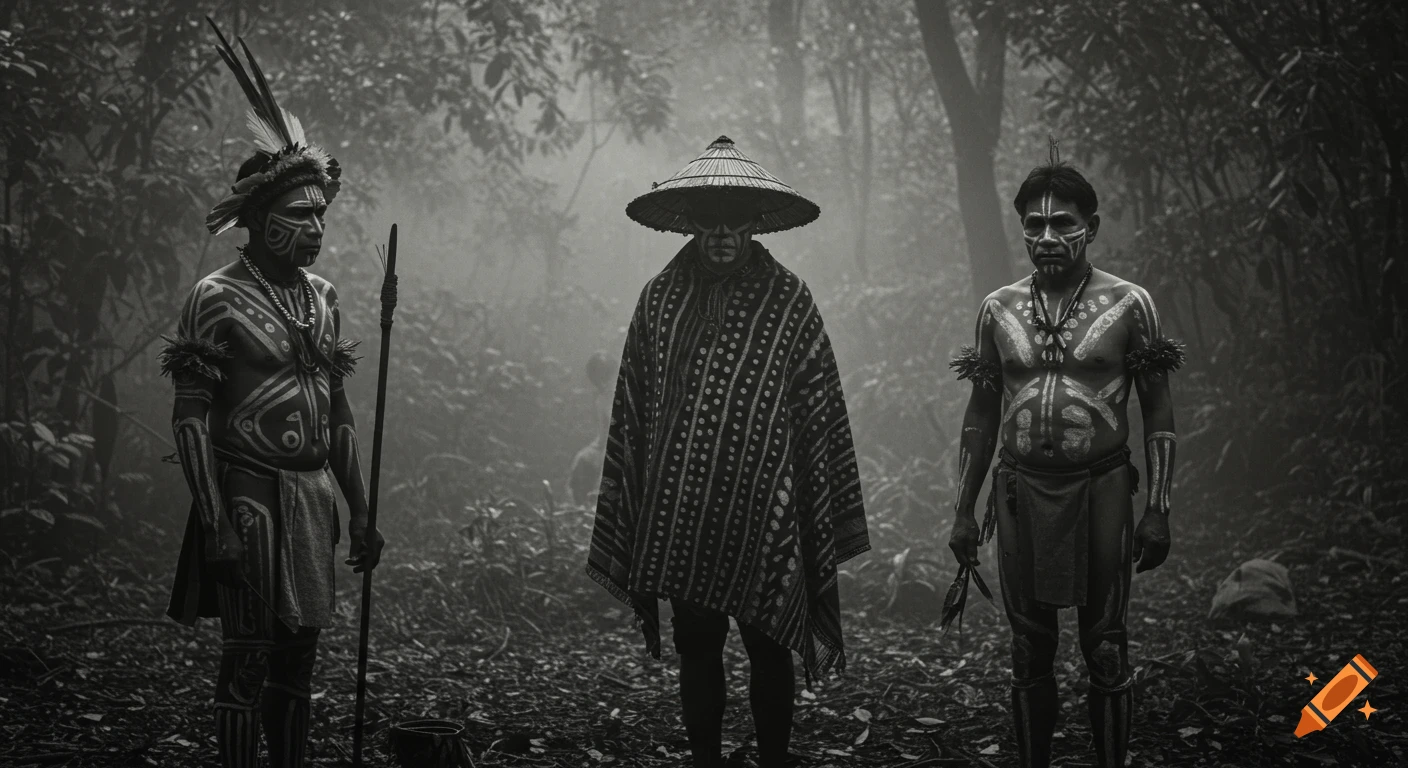 Three indigenous men with body paint and traditional attire stand solemnly in a misty forest, a cinematic black and white photograph.