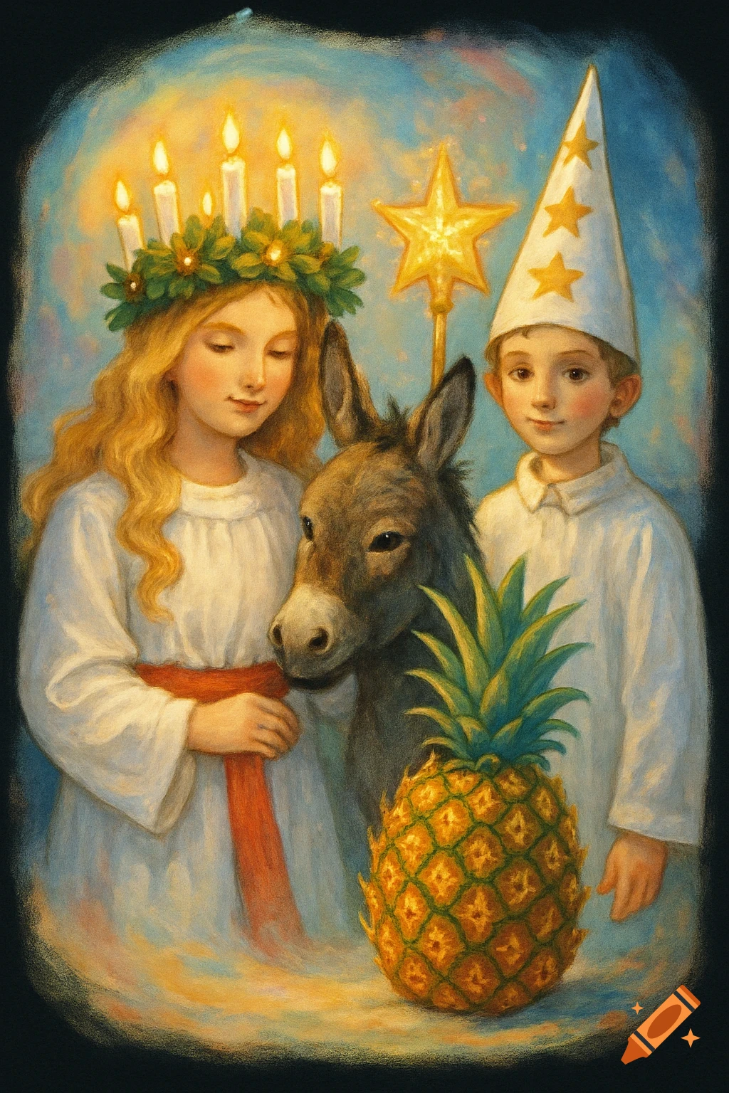 Two children in festive attire, one with a candle wreath, one with a star hat, stand with a donkey and a pineapple in a whimsical, painterly style.