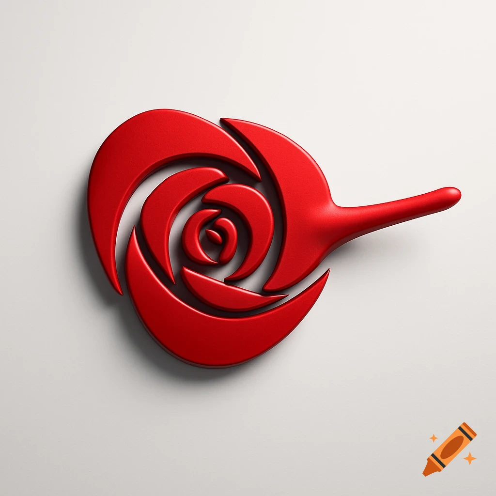A glossy red 3D stylized rose logo with one petal extending like a nose, on a white background.