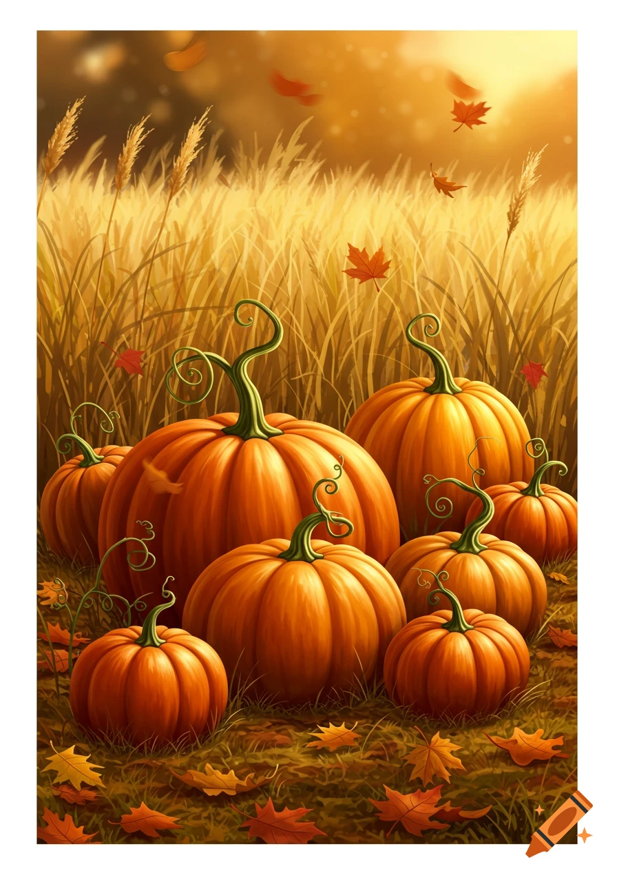 An illustration of many orange pumpkins with curly green stems nestled in a golden field of tall grass with fallen autumn leaves.