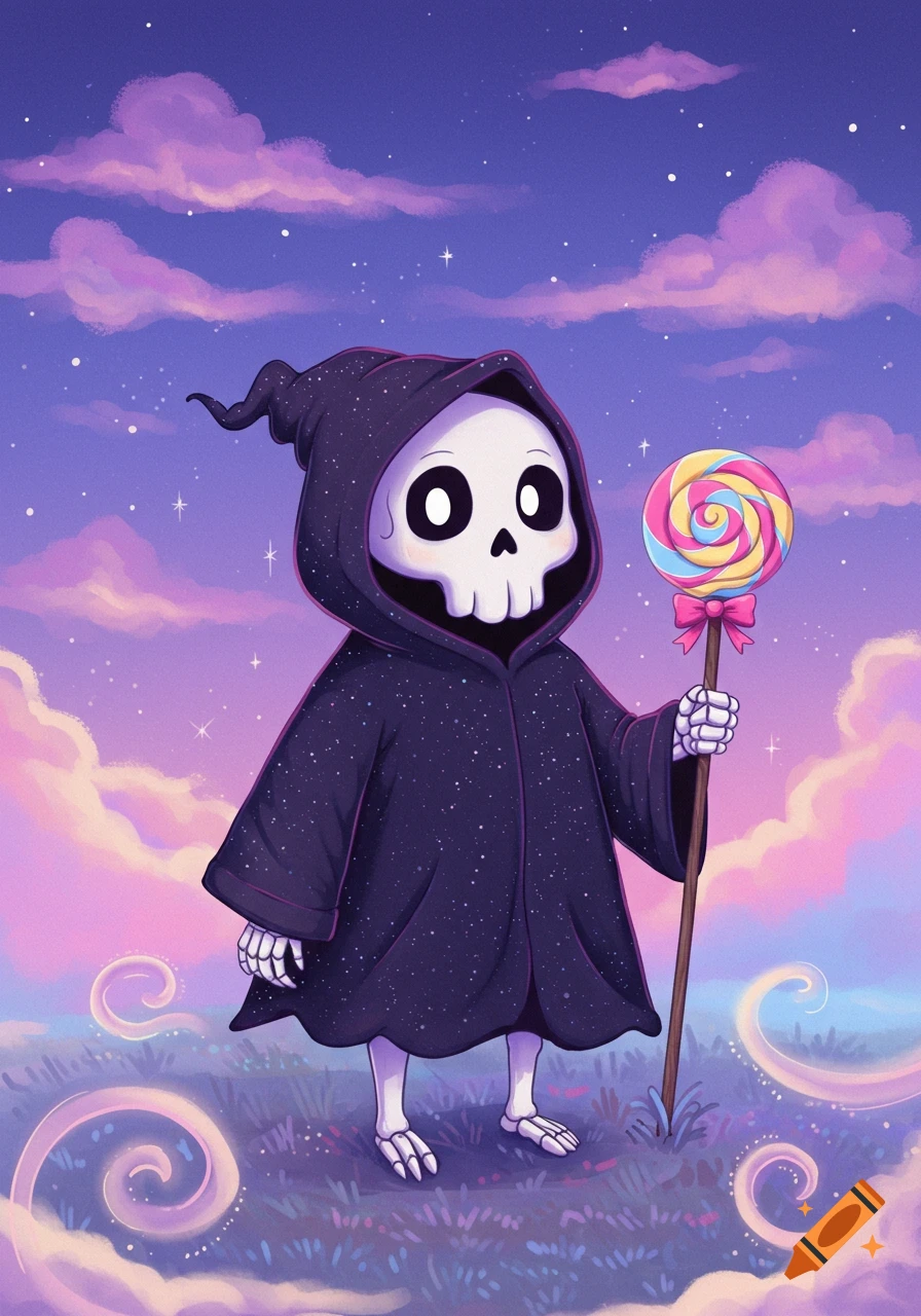 A cartoony Grim Reaper in a starry black robe holds a swirl lollipop in a whimsical, cloudy purple landscape.