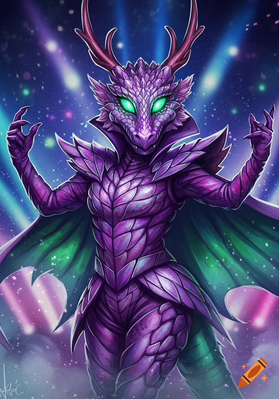 A purple dragon character with glowing green eyes and antlers in an elaborate scaled costume with a green cape, posing dramatically against a starry background.